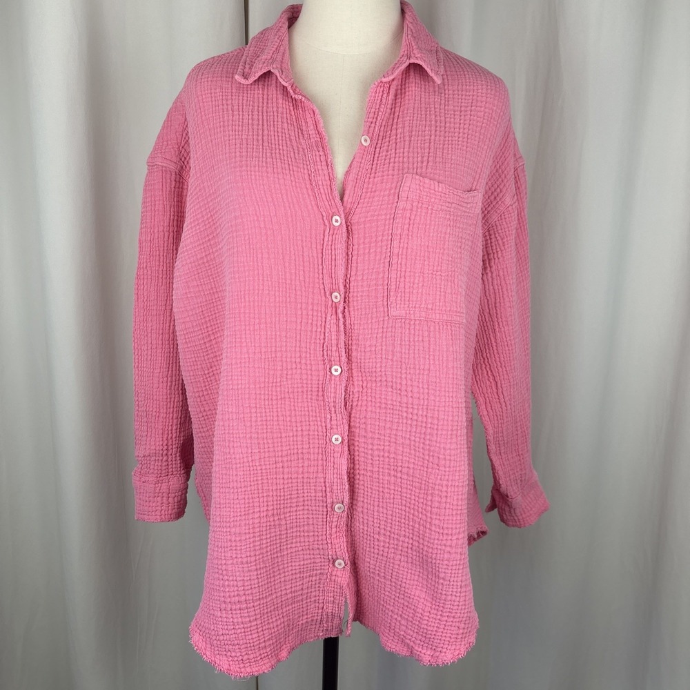 Aerie Pool To Party Cover Up Button Shirt Blouse Top Beach Textured Oversized S